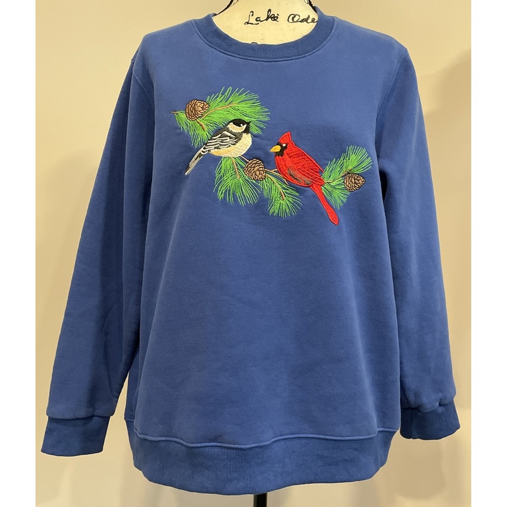 Women's VINTAGE 90's Birds Tunic Sweatshirt Size XL Blue Cardinal Granny Chick
